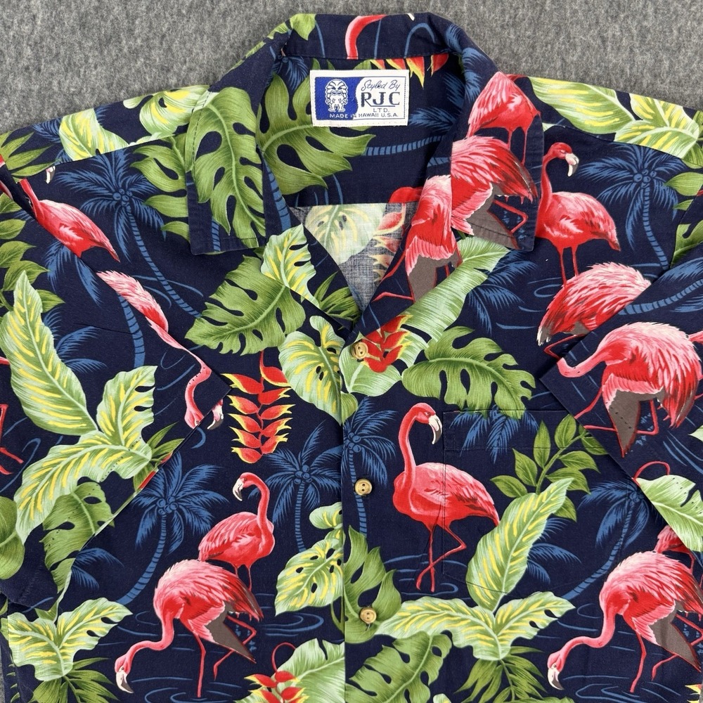 RJC LTD Hawaiian Shirt Flamingo Tropical Aloha Made Hawaii USA Mens L